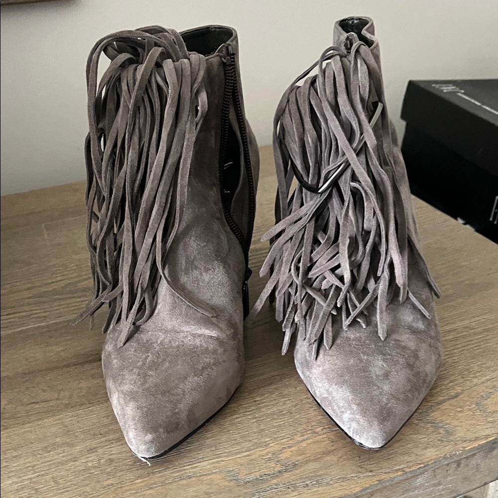 Brian Atwood Suede Fringe Ankle Boots - Gray